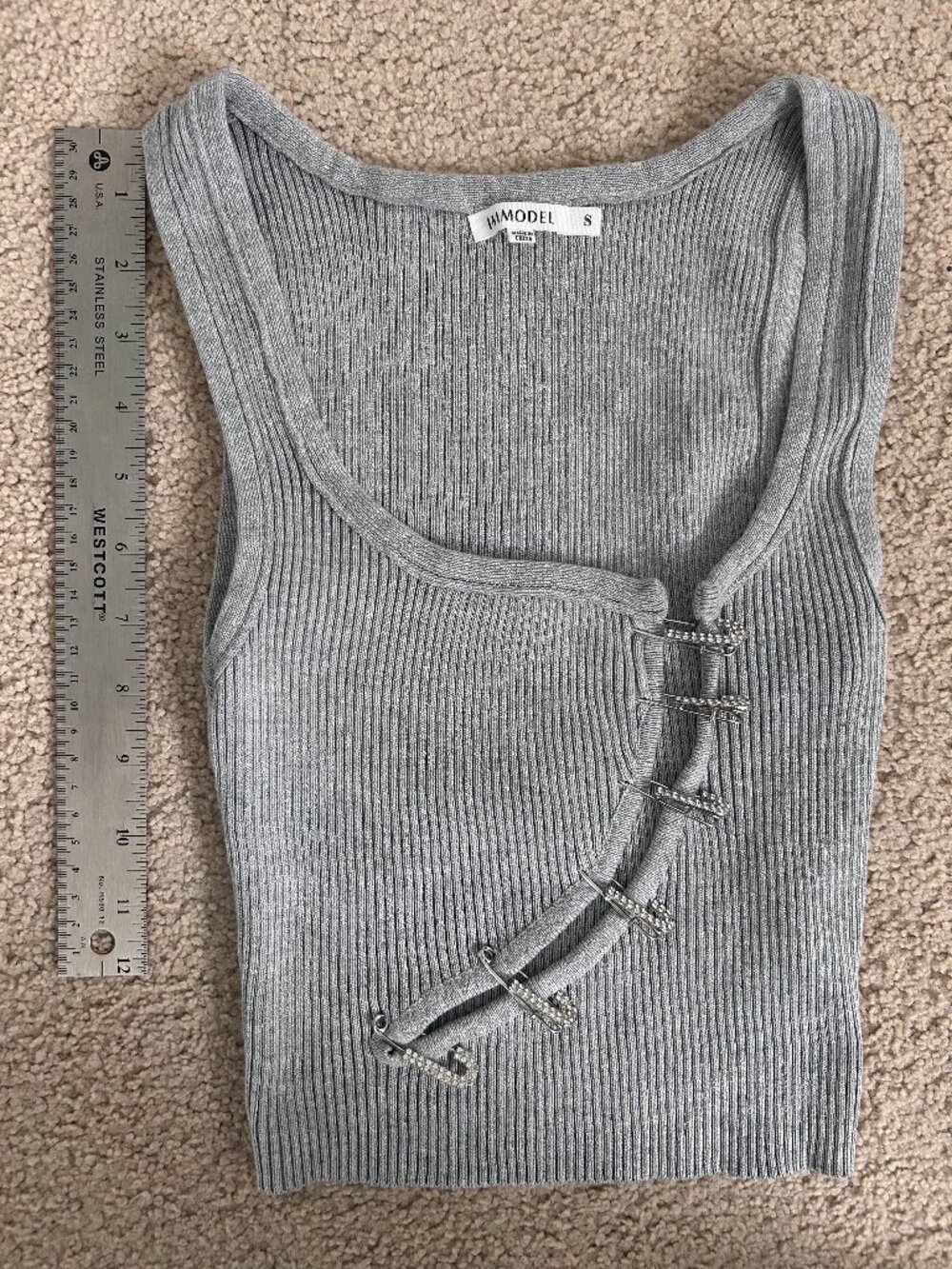 Gray Ribbed Tank Top with Safety Pins